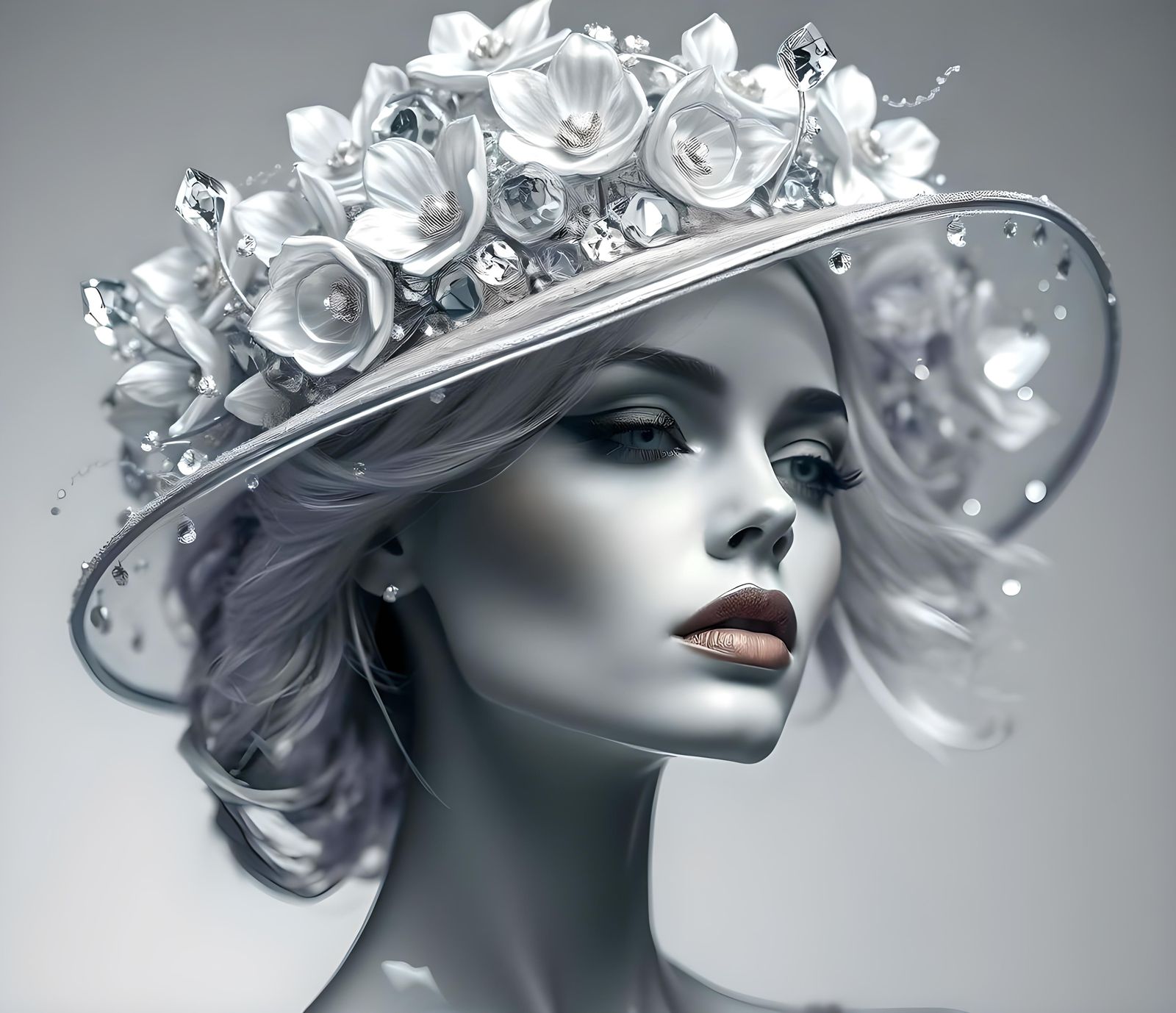 High Fashion Woman Portrait with Silver Floral Hat