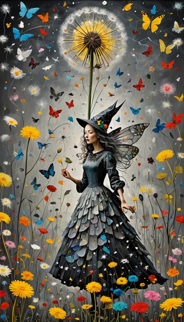 Fairy Witch in Dandelion Dreamscape, Surrealist Style
