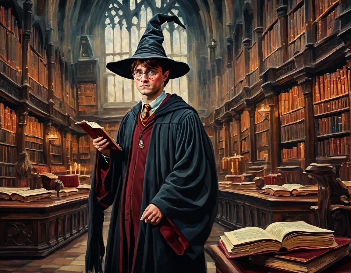 Harry Potter Studying in Hogwarts Library as Impasto Paintin...