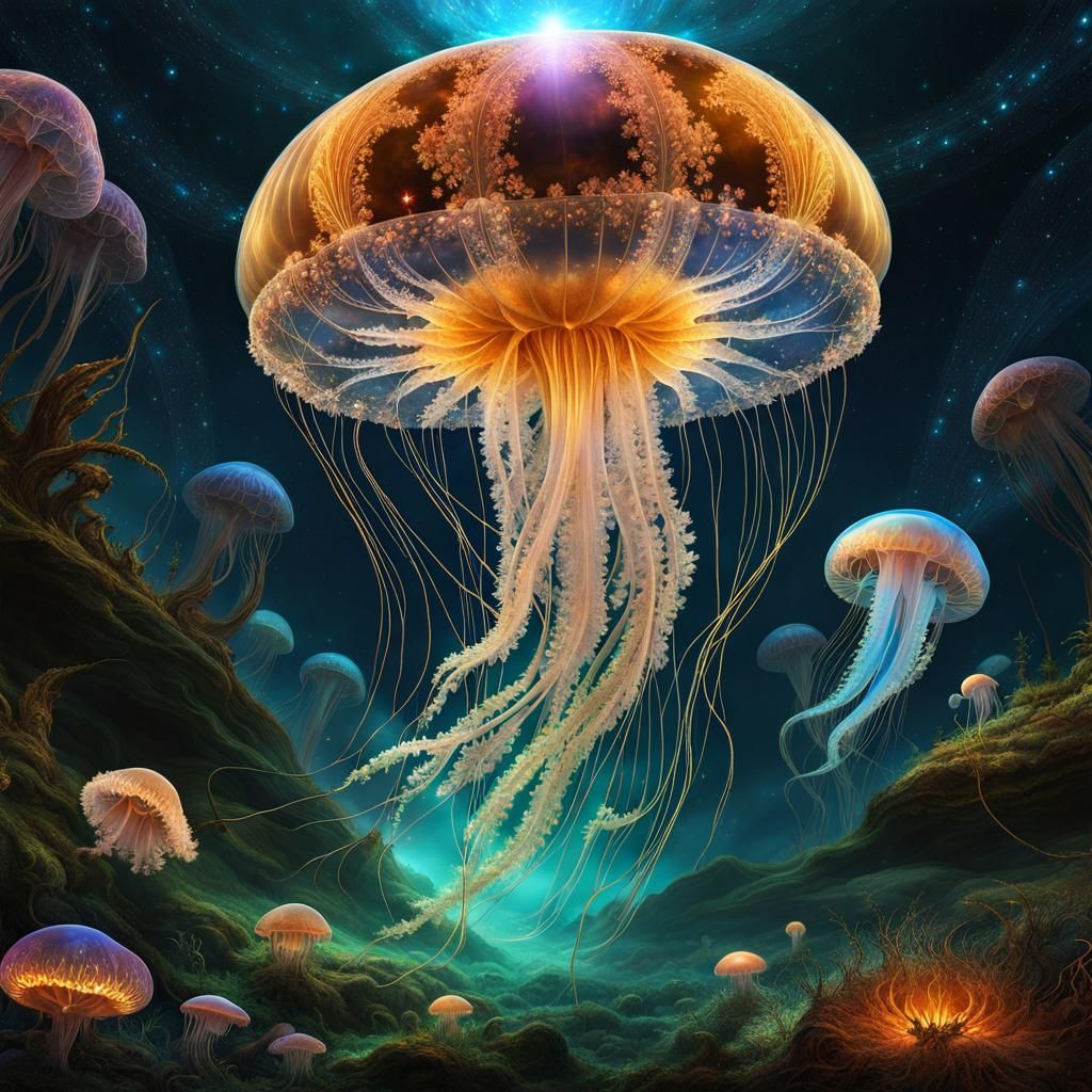 Bioluminescent Jellyfish Flower Explosion in Fantasy Codex