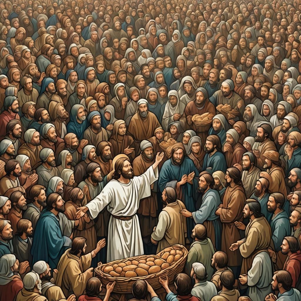Jesus Christ's Loaves and Fishes Miracle: Detailed Matte Pai...