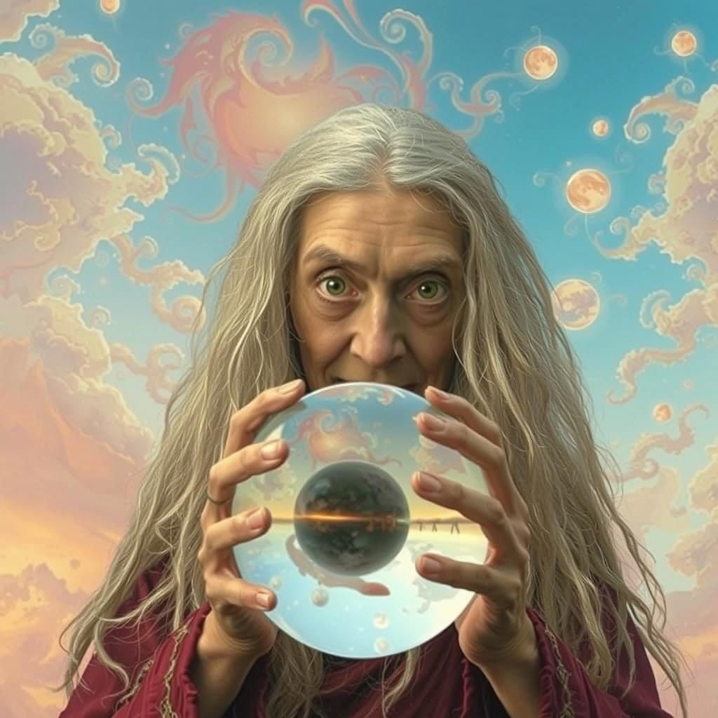 Old Woman with Crystal Ball in Psychedelic Sky