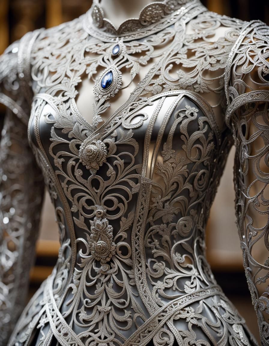 silver metal lace renessince dress