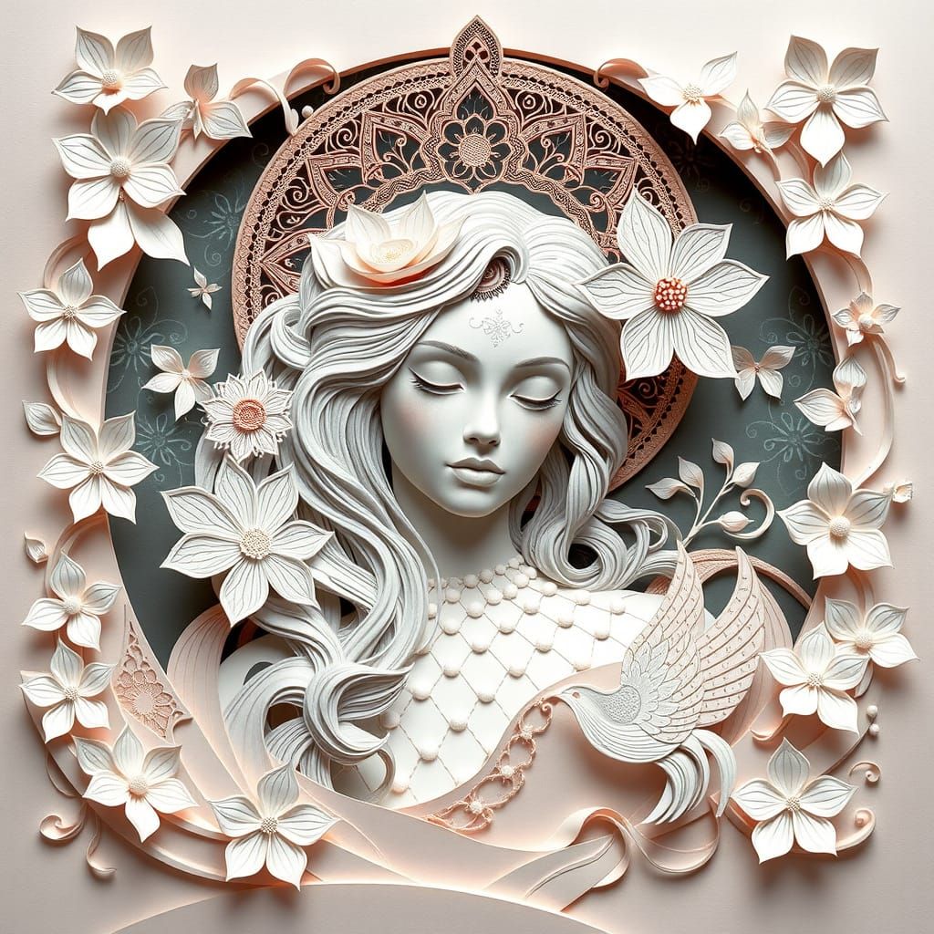 Goddess Surrounded by Intricate Paper Art