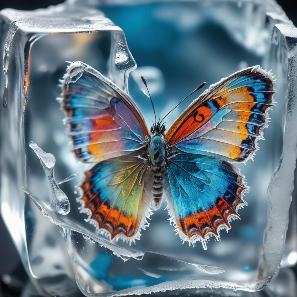 Frozen Multicolored Butterfly in Ice Cube: Macro Photography