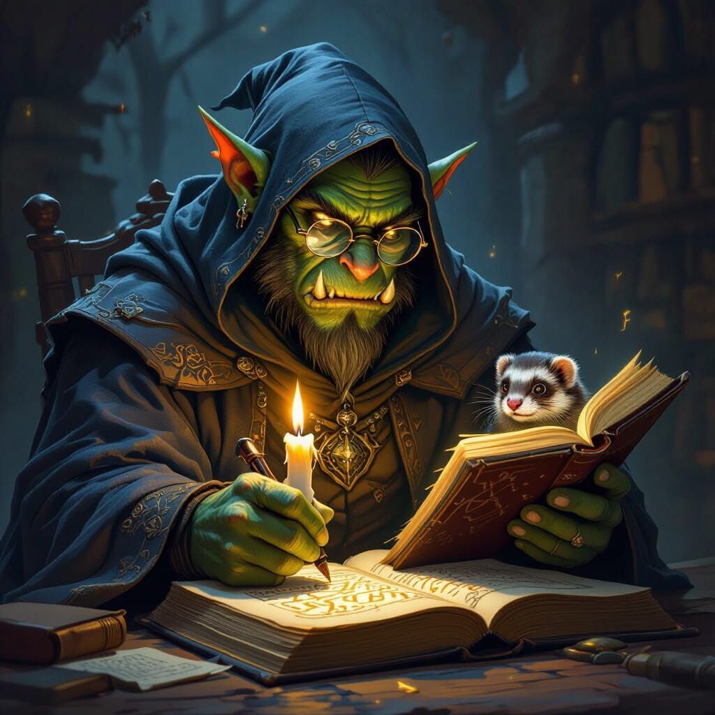 Orc Scholar Scribes Glowing Runes by Candlelight