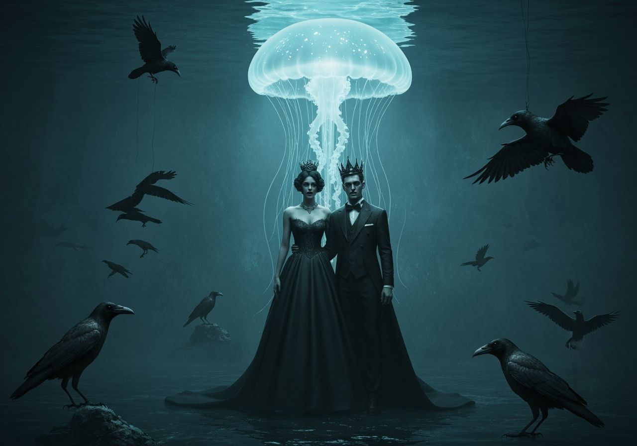 Gothic Zombie Prom Royalty in Ethereal Jellyfish Atmosphere