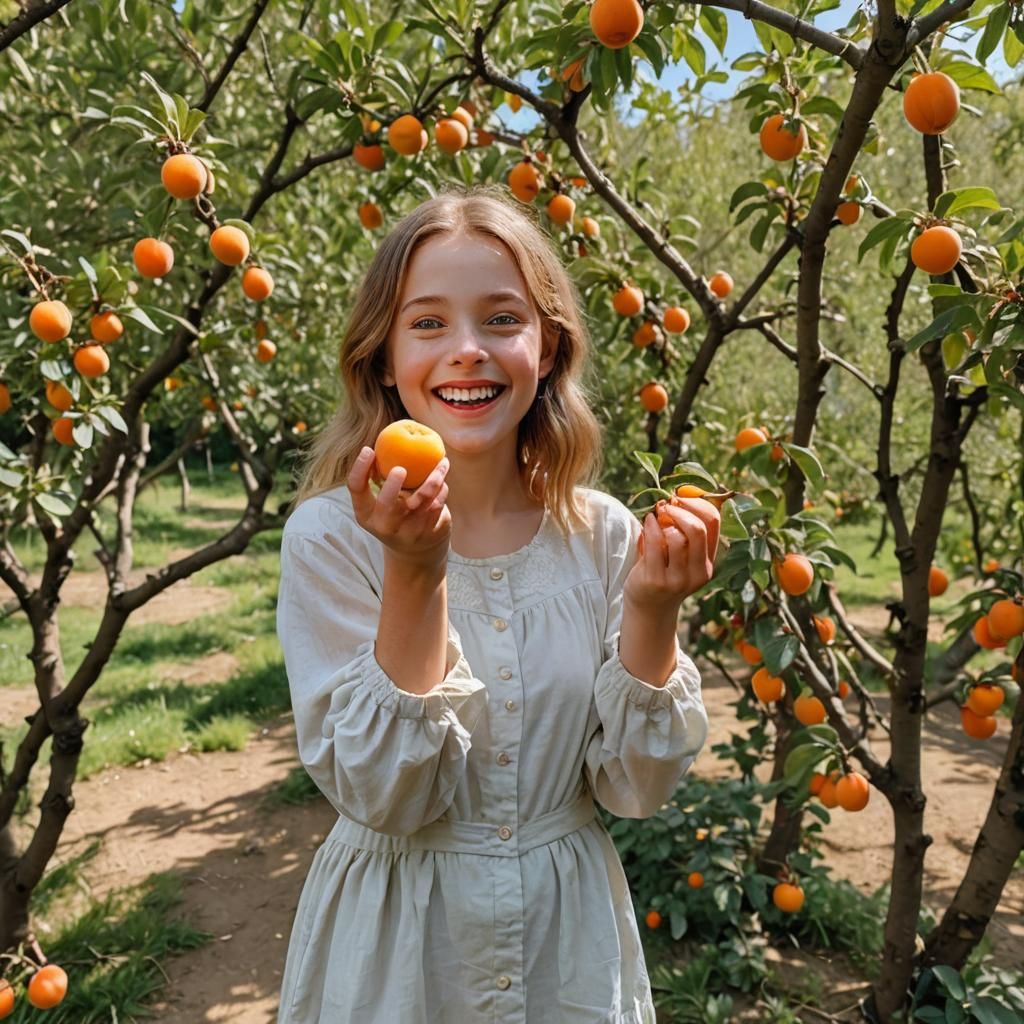 Girl with Apricot in Garden
