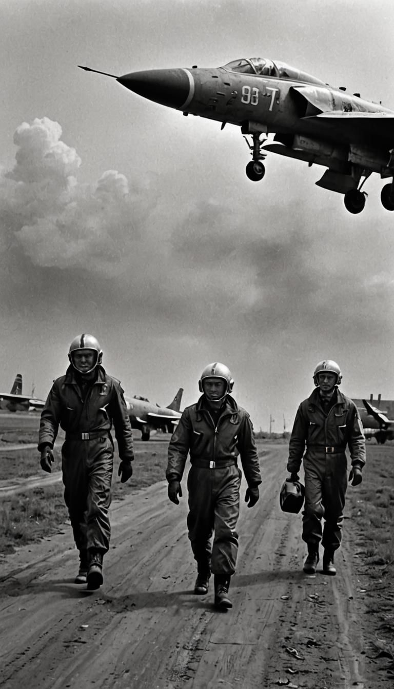 1950s Soviet Pilots and Jet Bomber: Cinematic Film Still