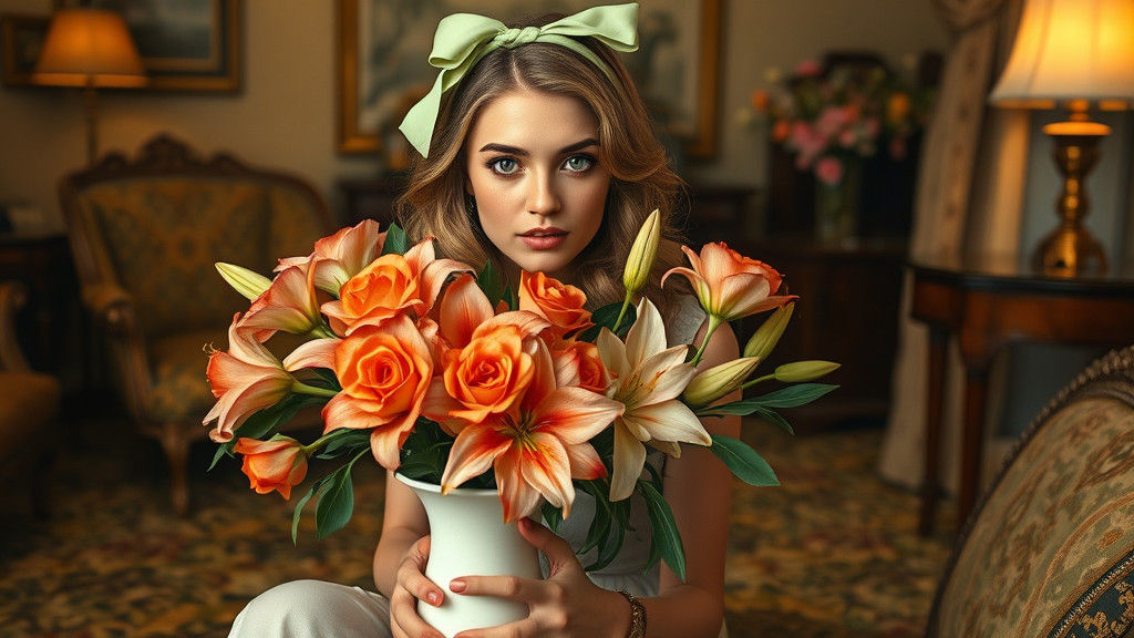 Woman Arranging Flowers in Vintage European Style