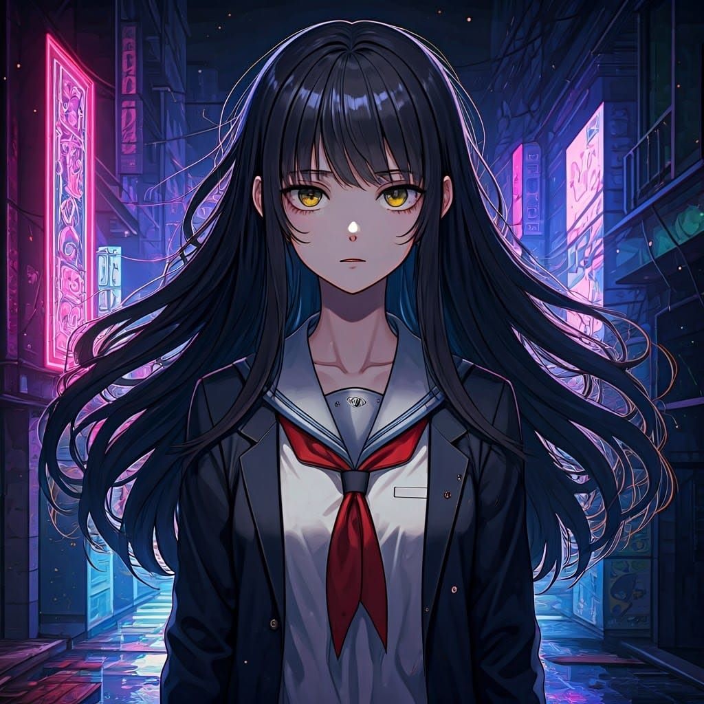 Cyberpunk Schoolgirl in Neon Alleyway