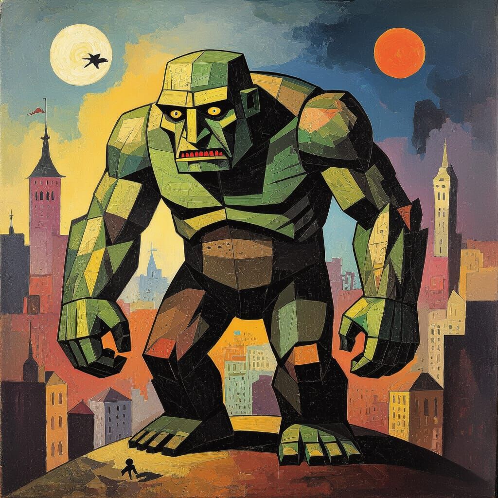 Golem in Distorted Cityscape, German Expressionism Style