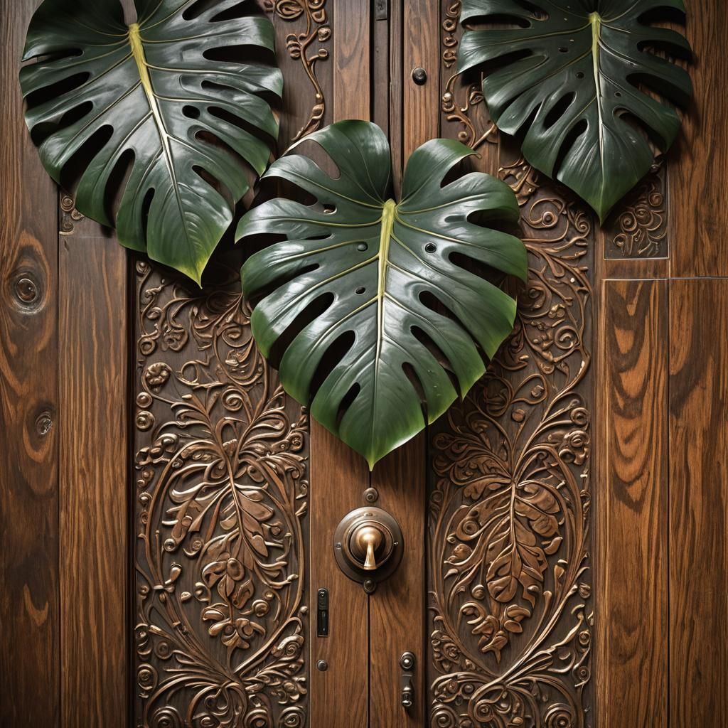 Carved Wooden Door with Copper Knob in Natural Light