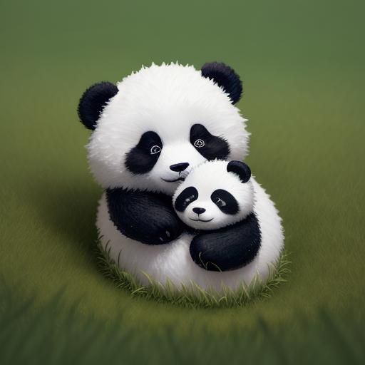 Charming Panda Mother and Baby Sleeping on Grass