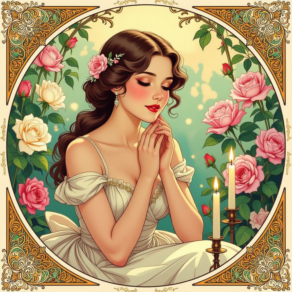 Elegant Woman Receives Floral Surprise in Art Nouveau Style