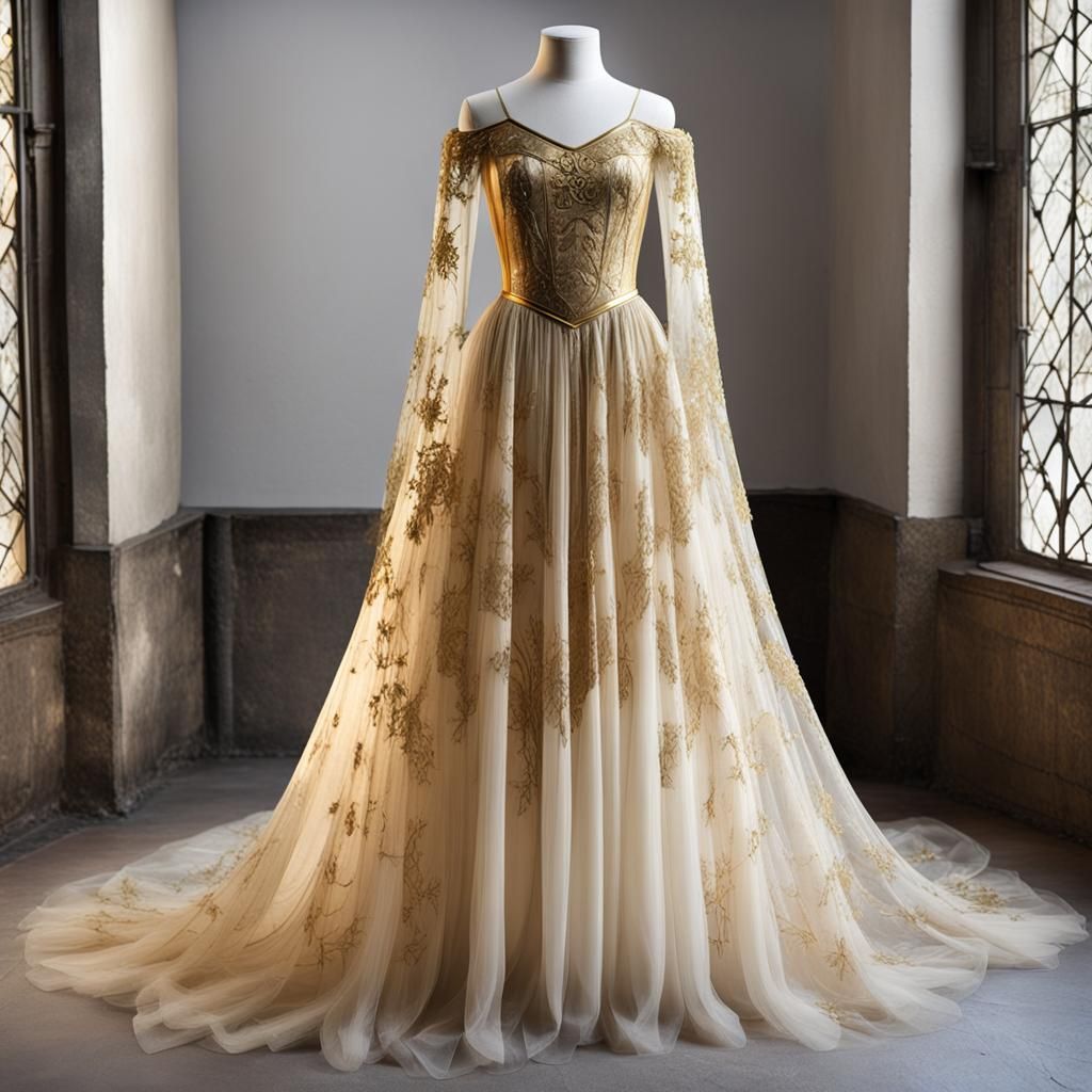 Sheer Gold Medieval Princess Dress on Form