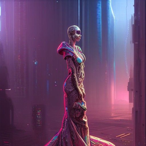 Goddess in Cyberpunk Worth Gown: Digital Art