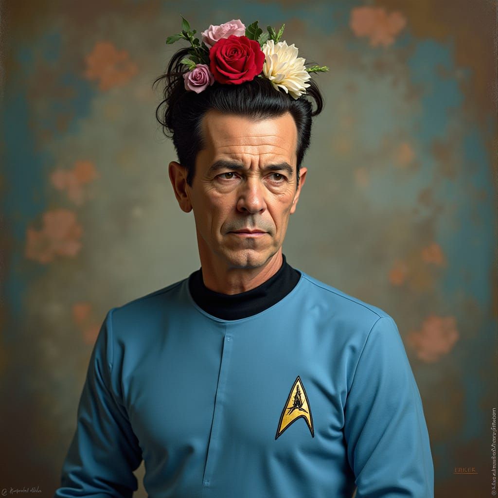 Star Trek's Dr. McCoy (DeForest Kelley) in medical blue tunic, in the style of Frida Kahlo, surrealism
