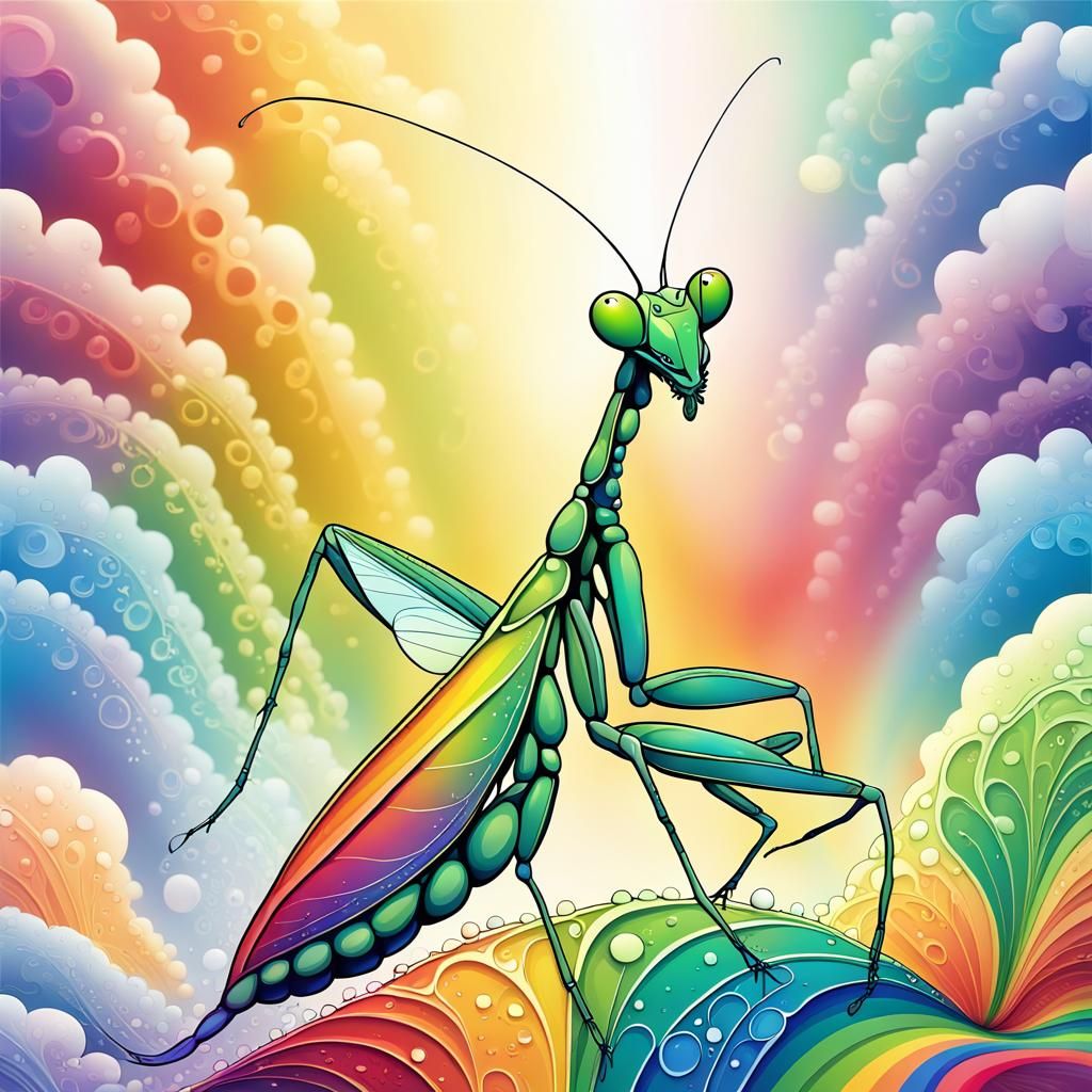 Praying Mantis on Dewdrop in Rainbow Sky