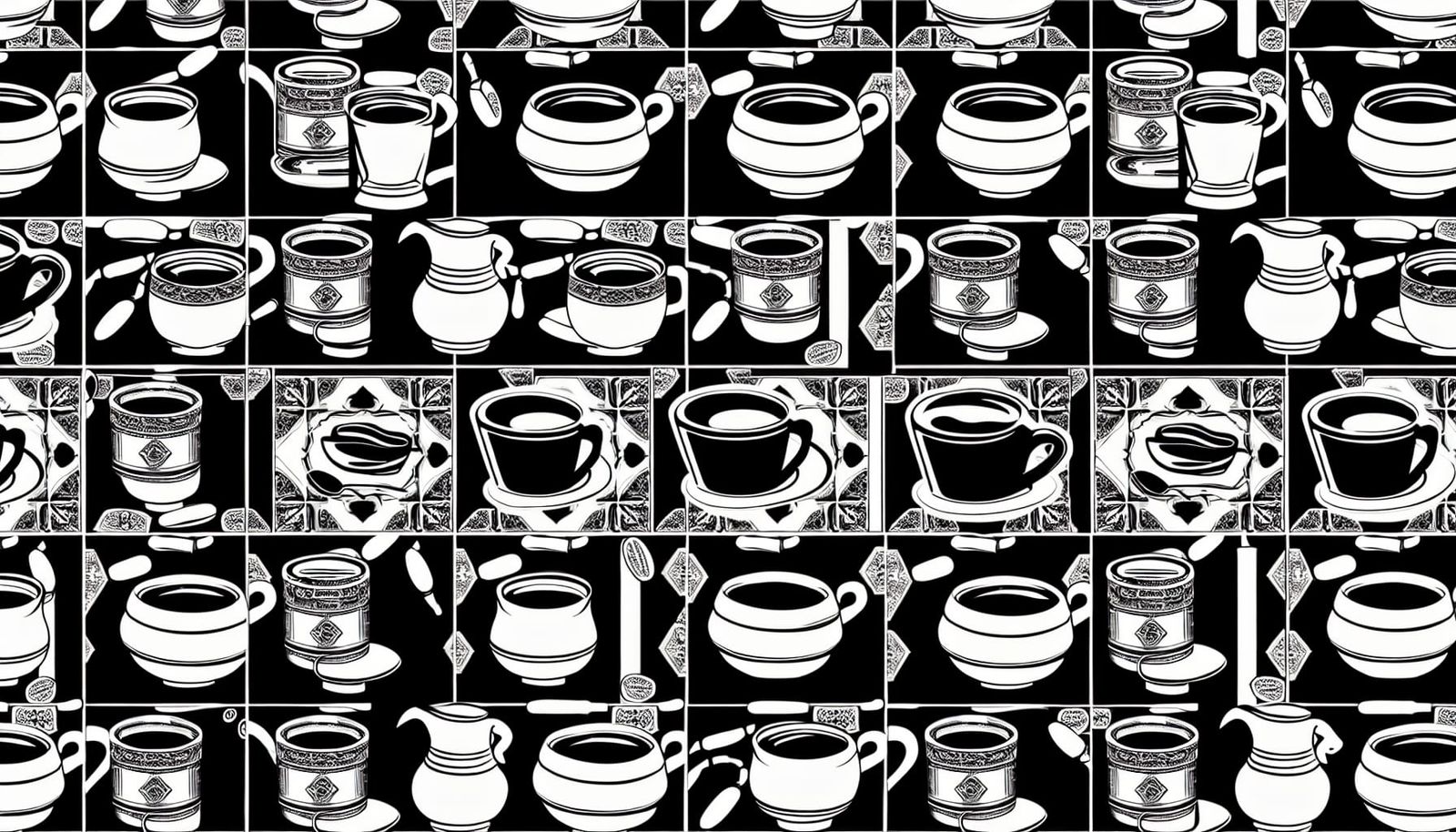Intricate Coffee Culture Mosaic in Monochromatic Tiles