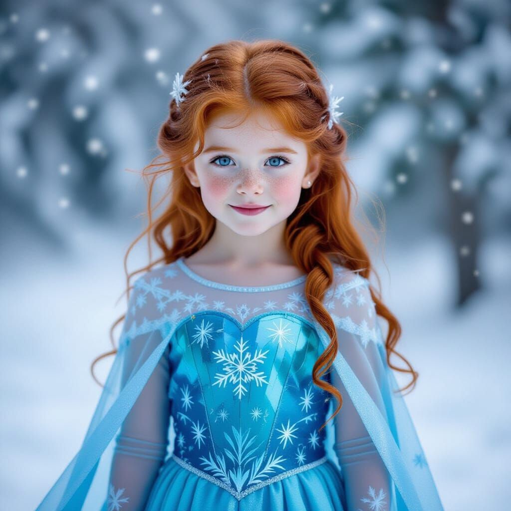 Radiant Princess Girl in Snowy Forest, Photorealistic
