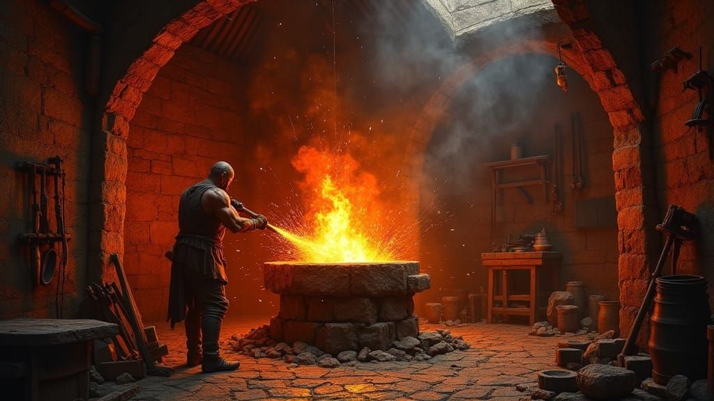 Medieval Blacksmith Forge Lit by a Glowing Furnace