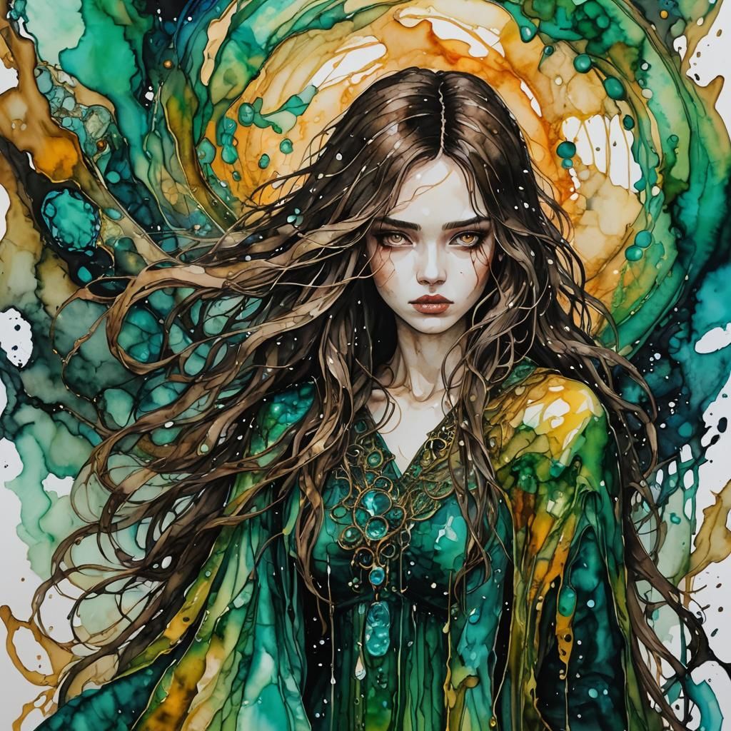 Hyperdetailed Alcohol Ink Portrait: The Ring Girl