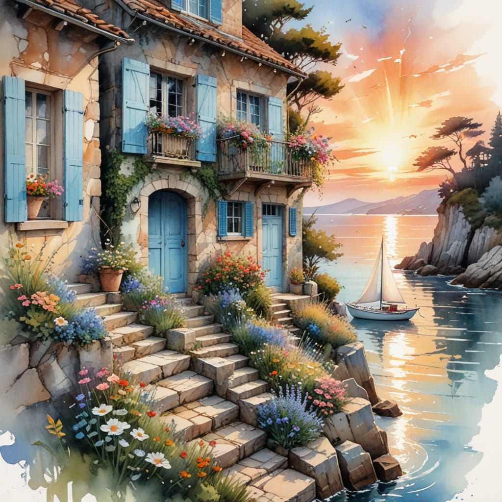 Dreamy Coastal Village at Golden Hour Watercolor Painting