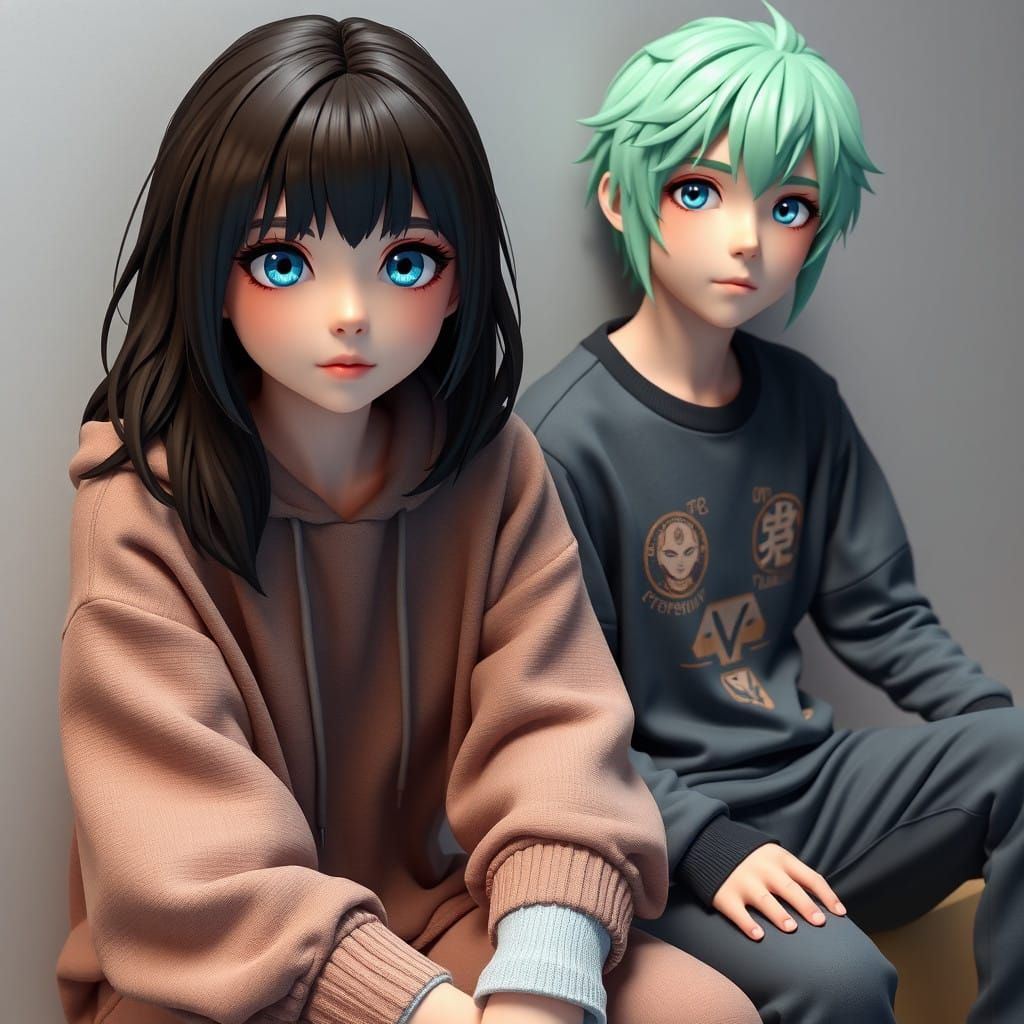 Teenage Couple in Cozy Anime-Inspired Clothing, Detailed in...