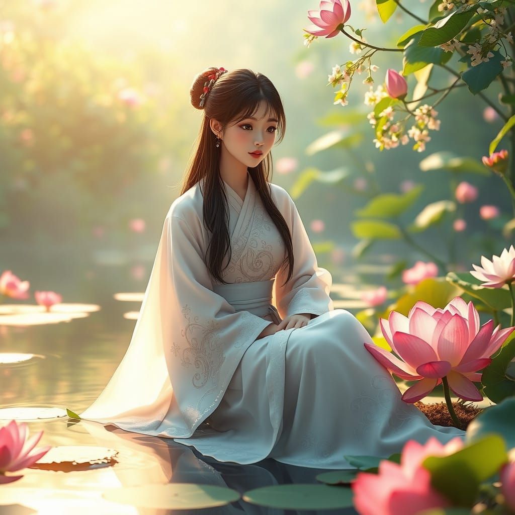 A Serene Young Woman by a Lotus Pond in Ethereal 3D Anime St...