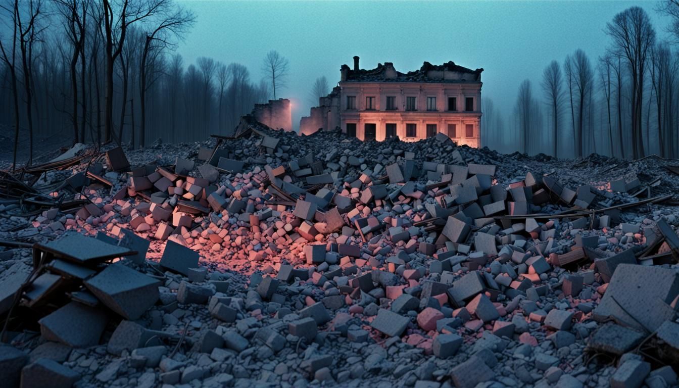 minimalist eastern european landscape, rubble, subtle neon lights, 1970's film photography, Andrei Tarkovsky, shot on ci...