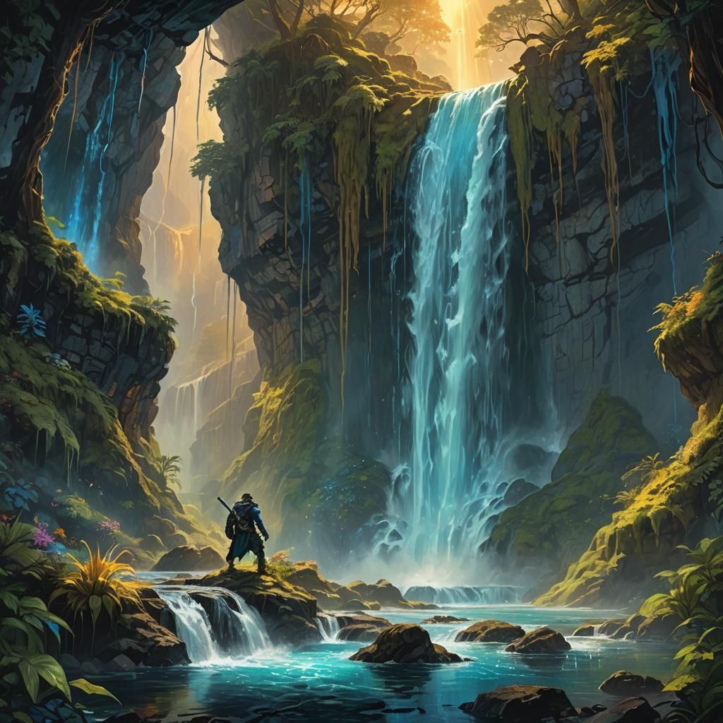 Monster Hunt Under Waterfall: Epic Fantasy Oil Painting