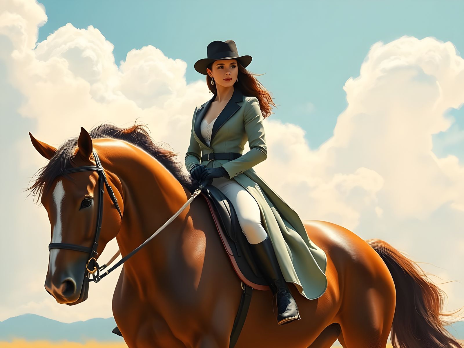 Elegant Modern Woman Rides Horse with Poised Confidence