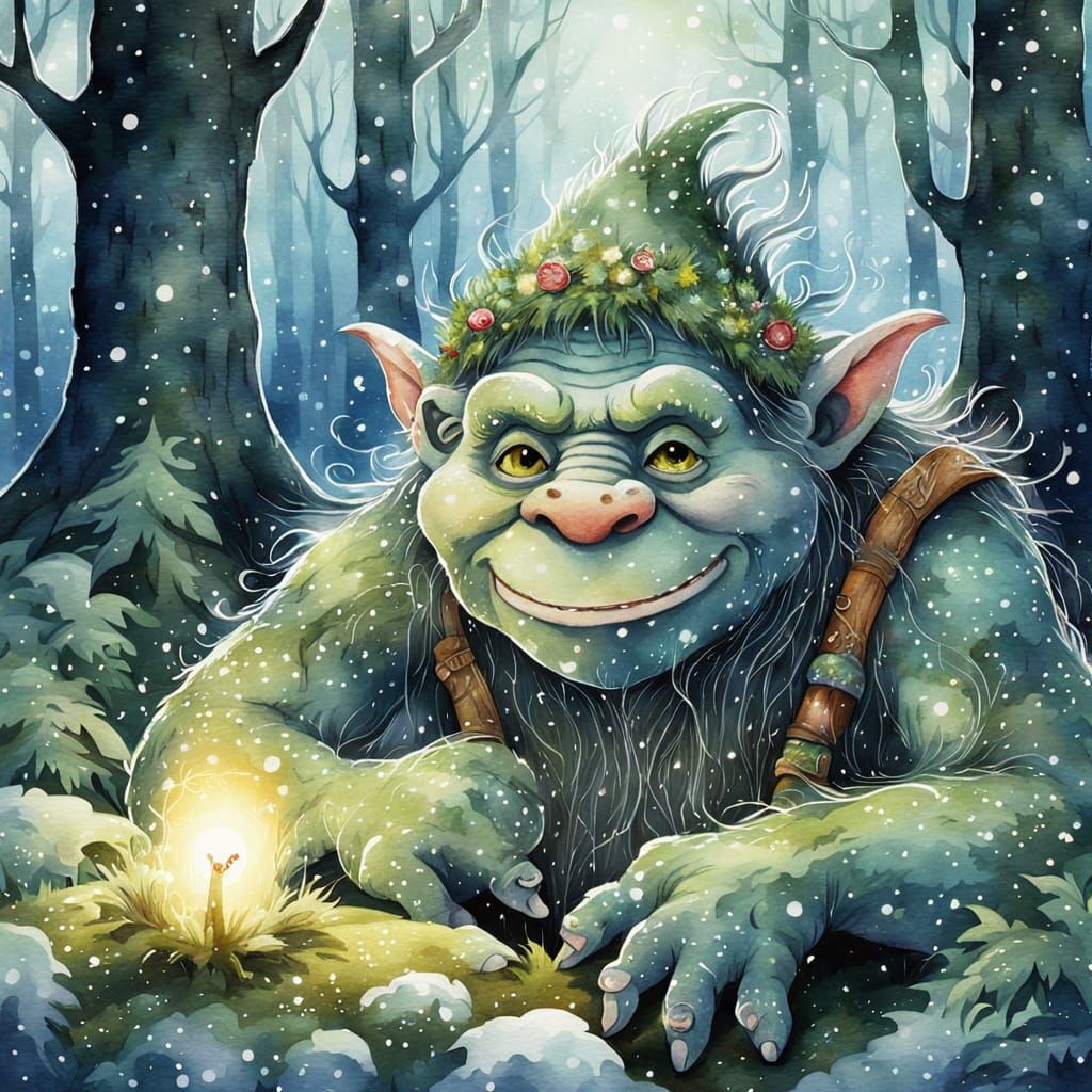 Enchanting Woodland Troll in Watercolor Style
