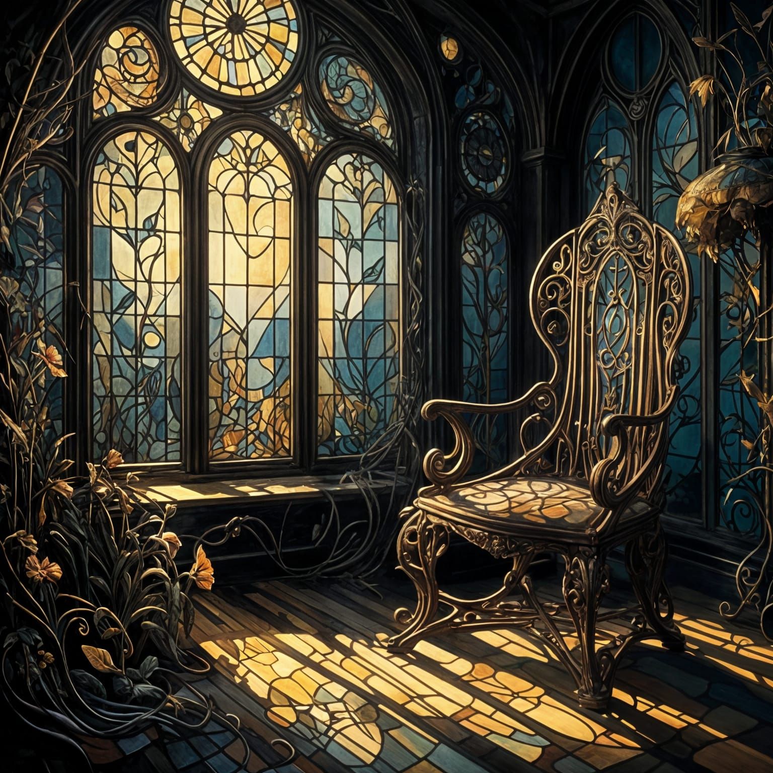 Dark Whimsical Art Nouveau: Empty Chair in Sunlight