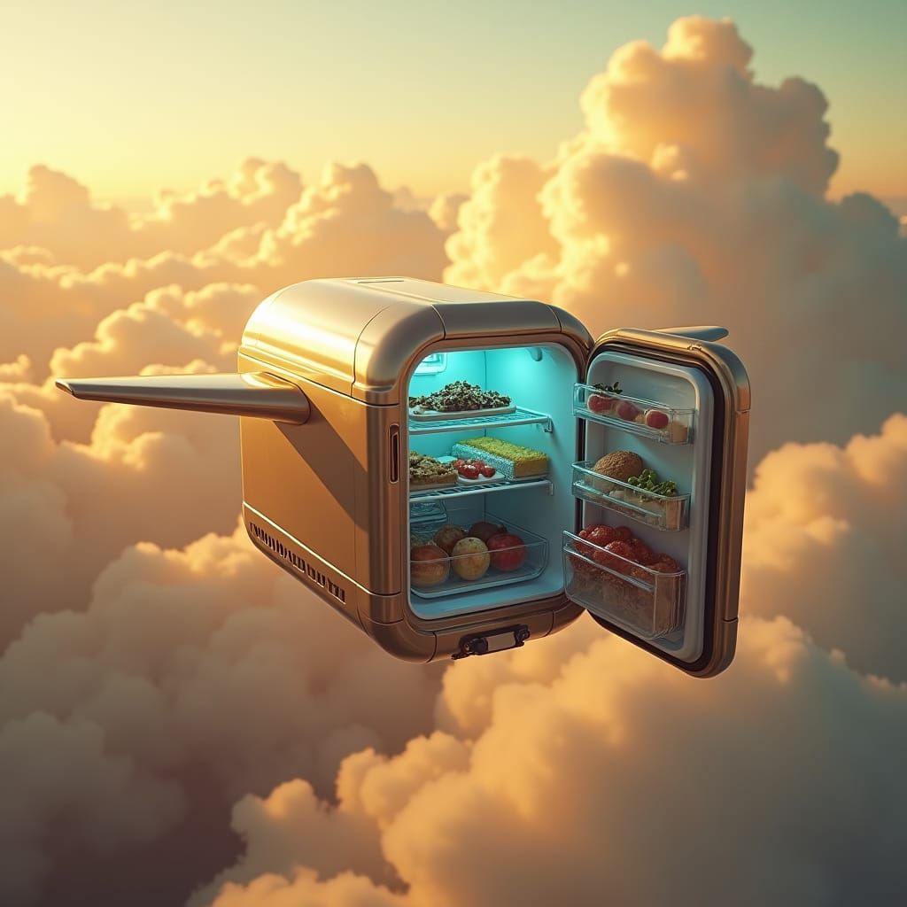 Flying Fridge with Scanner in Golden Sky