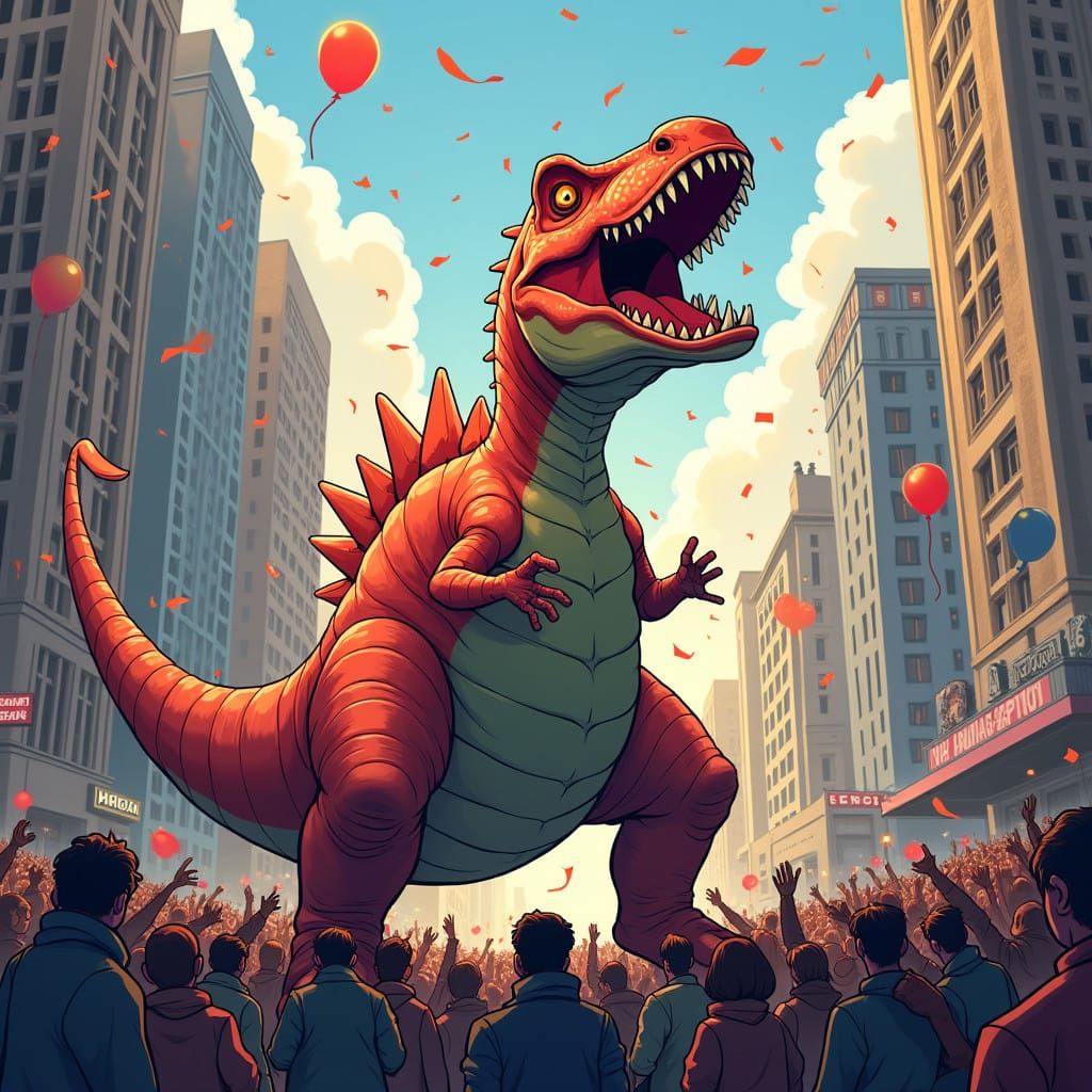 Vibrant Stegosaurus in Manga-Style City Celebration