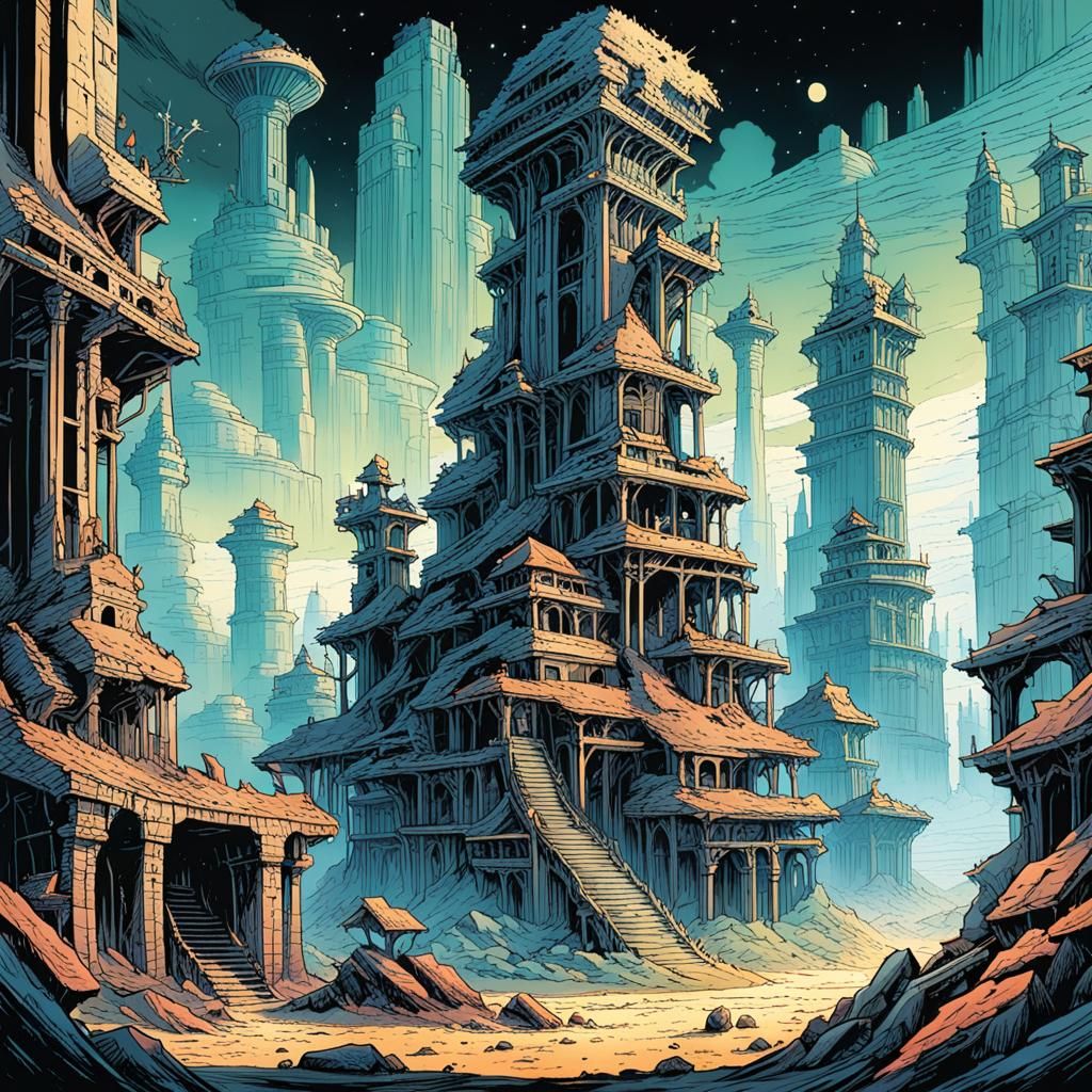 Abandoned City Ruins in Moebius Comic Style