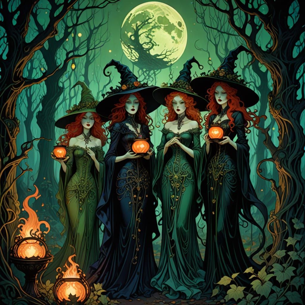Art Nouveau Witch Gathering in Dark Forest