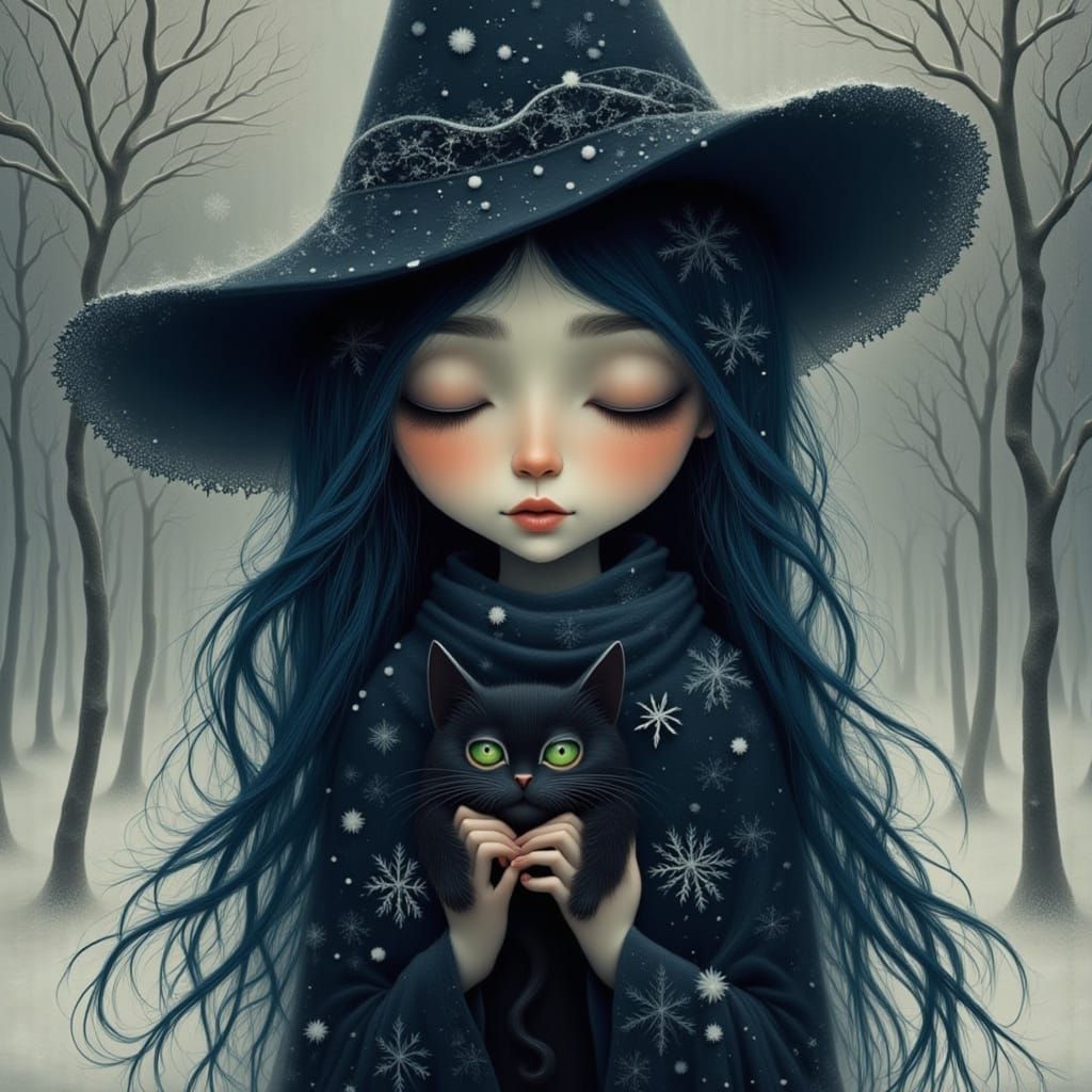 Whimsical Winter Witch with Black Cat Illustration