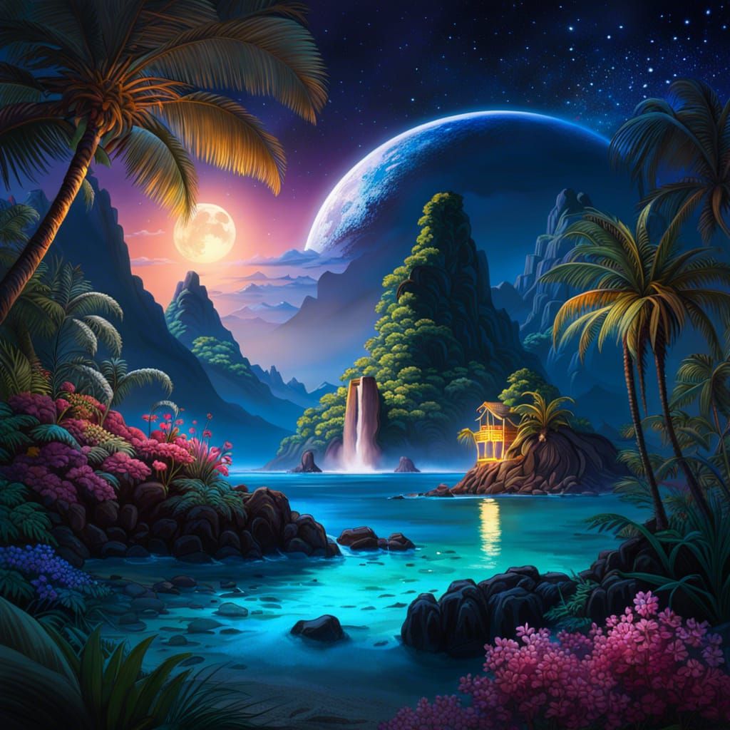 Enchanted Tropical Cove Under Starry Night