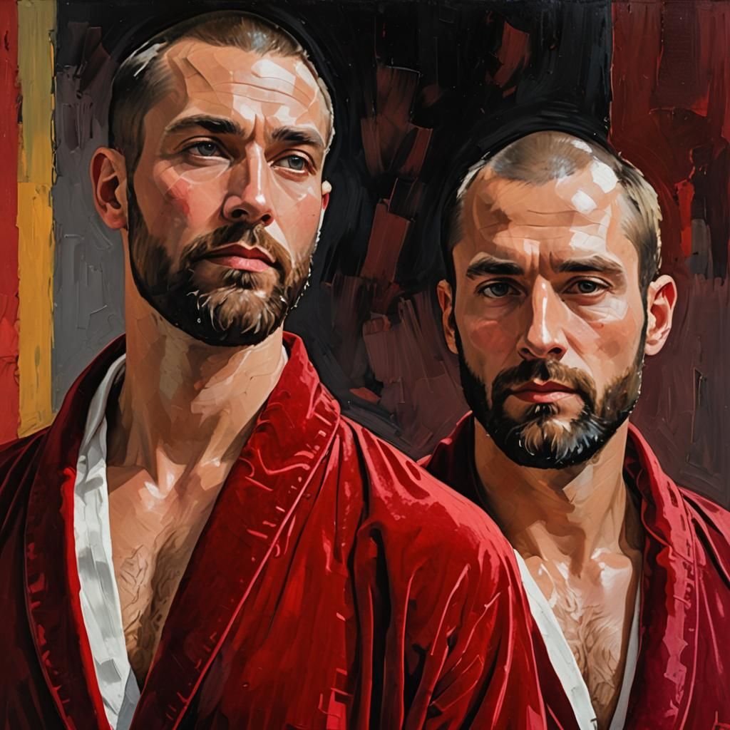 Neo-Expressionist Portrait of Two Men in Velvet Bathrobes