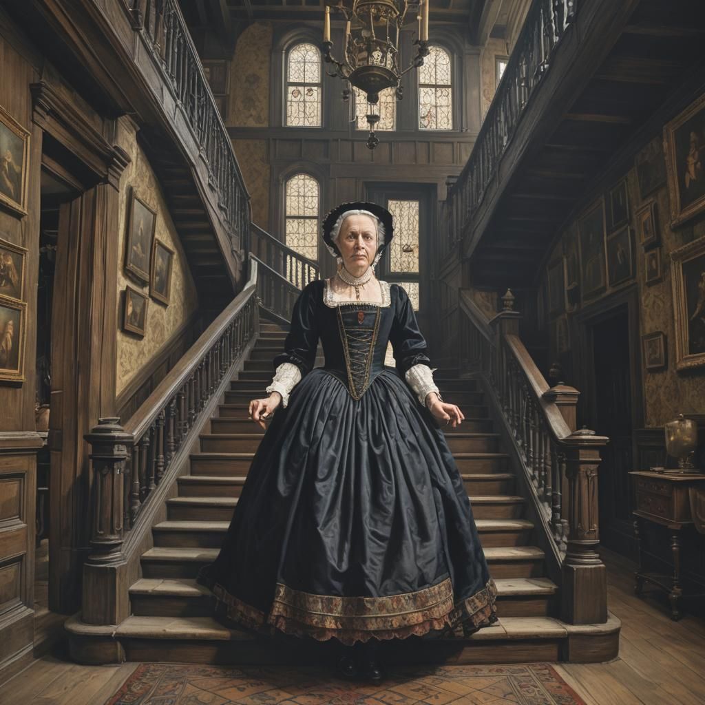 Grand Staircase Descent: Tudor Dress in Photo Realism