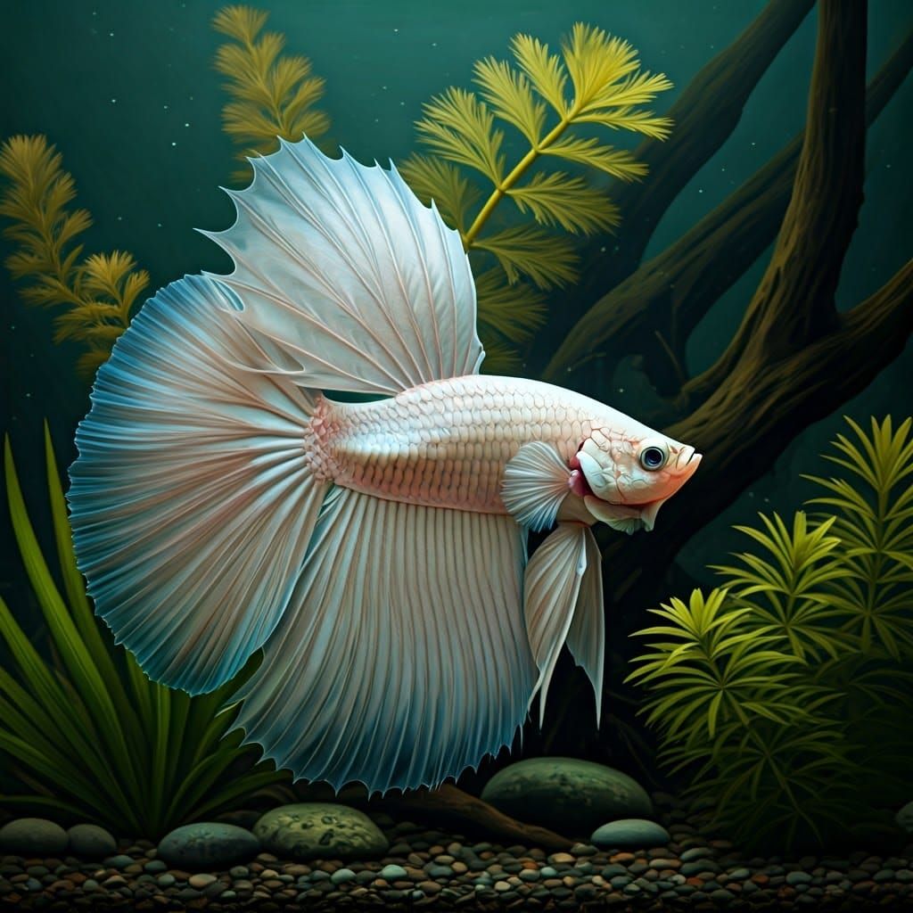 Hyper-Realistic Underwater Portrait of a White Betta Fish