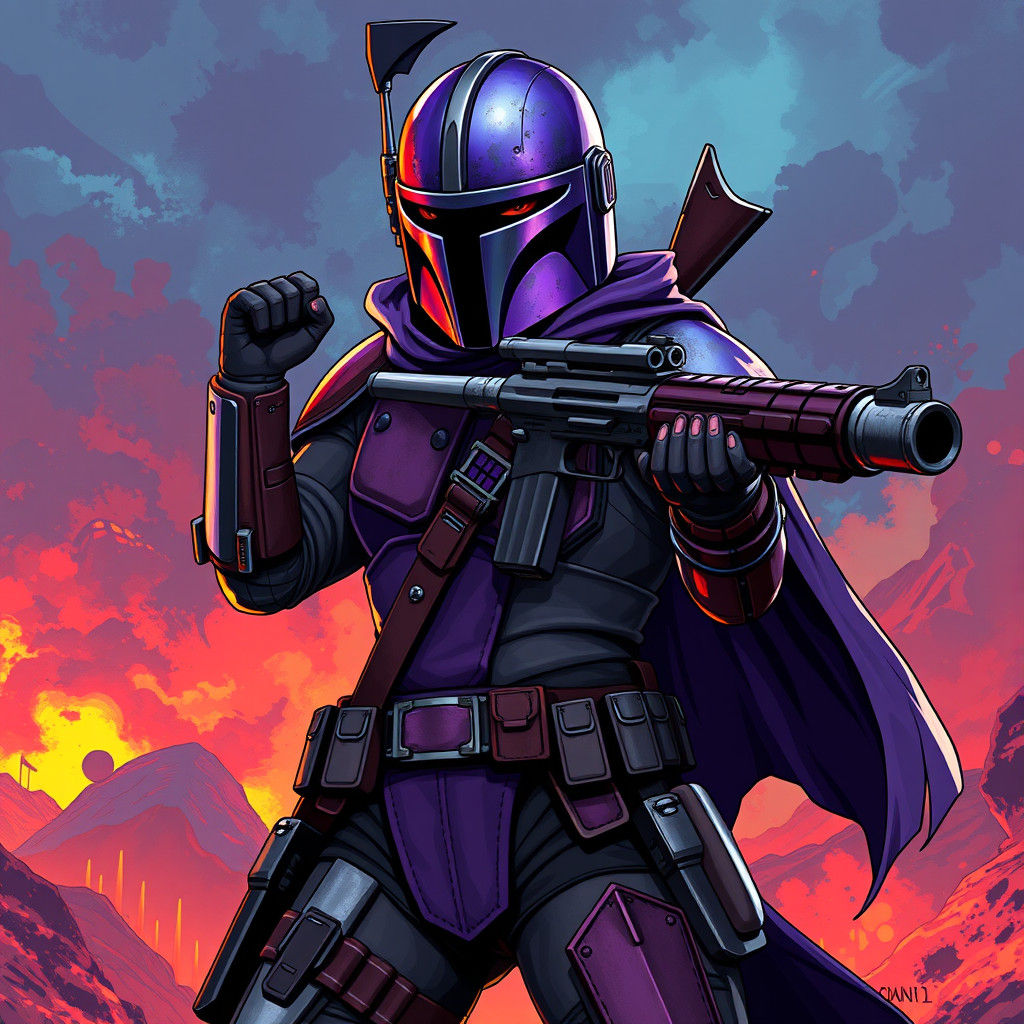 Female Mandalorian Warrior in Purple Armor: Anime Style