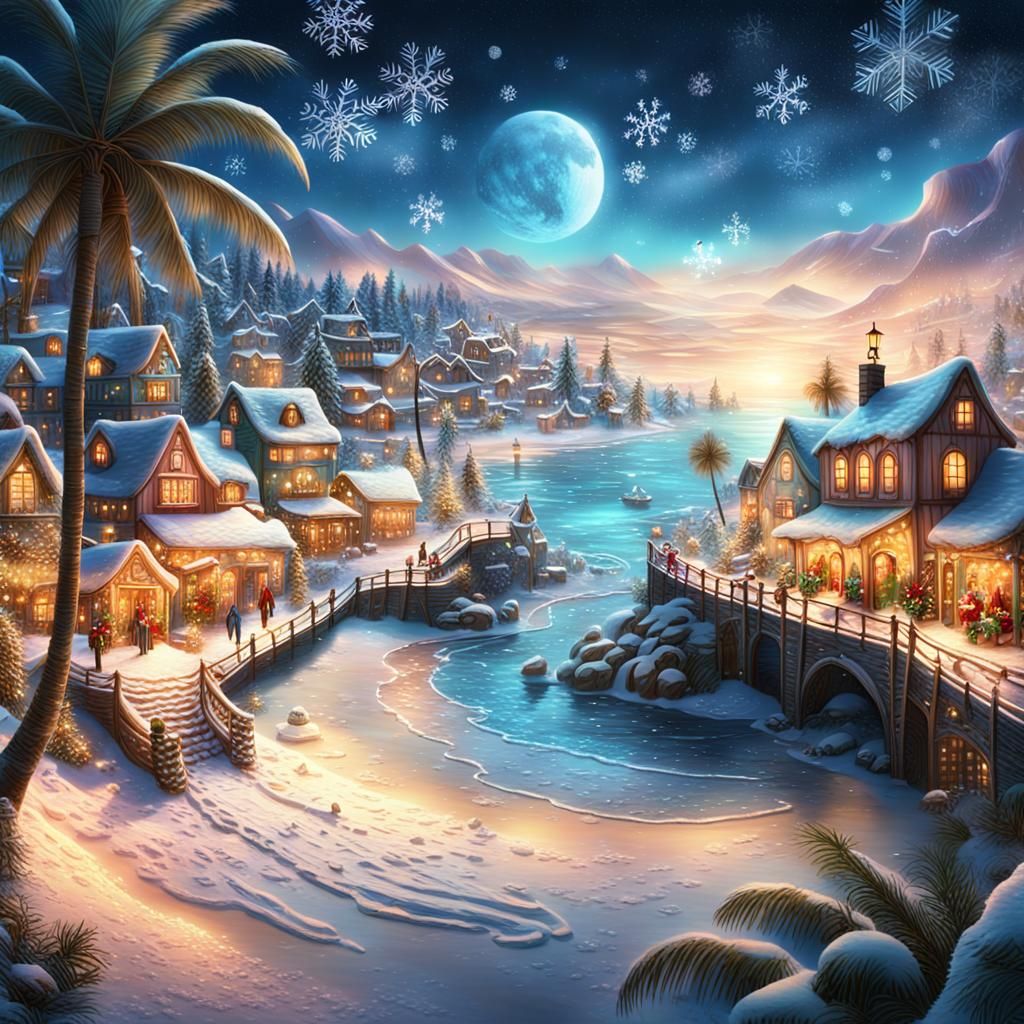 Quaint Village and Beach Scene with Retro Script