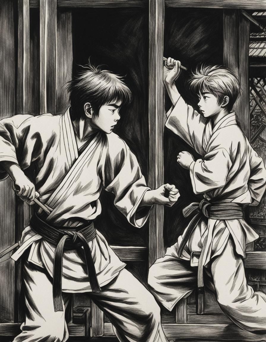 Japanese boys practicing karate in a small dojo