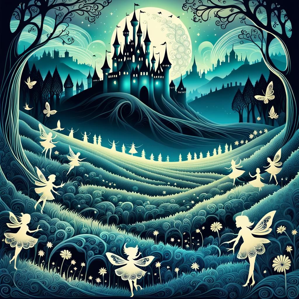 Dancing Fairies by Enchanted Forest, Abstract Vector Art