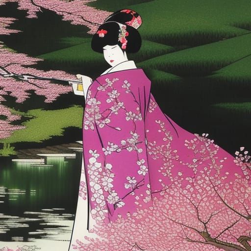 Geisha Under Cherry Blossoms: Modern Ink Painting