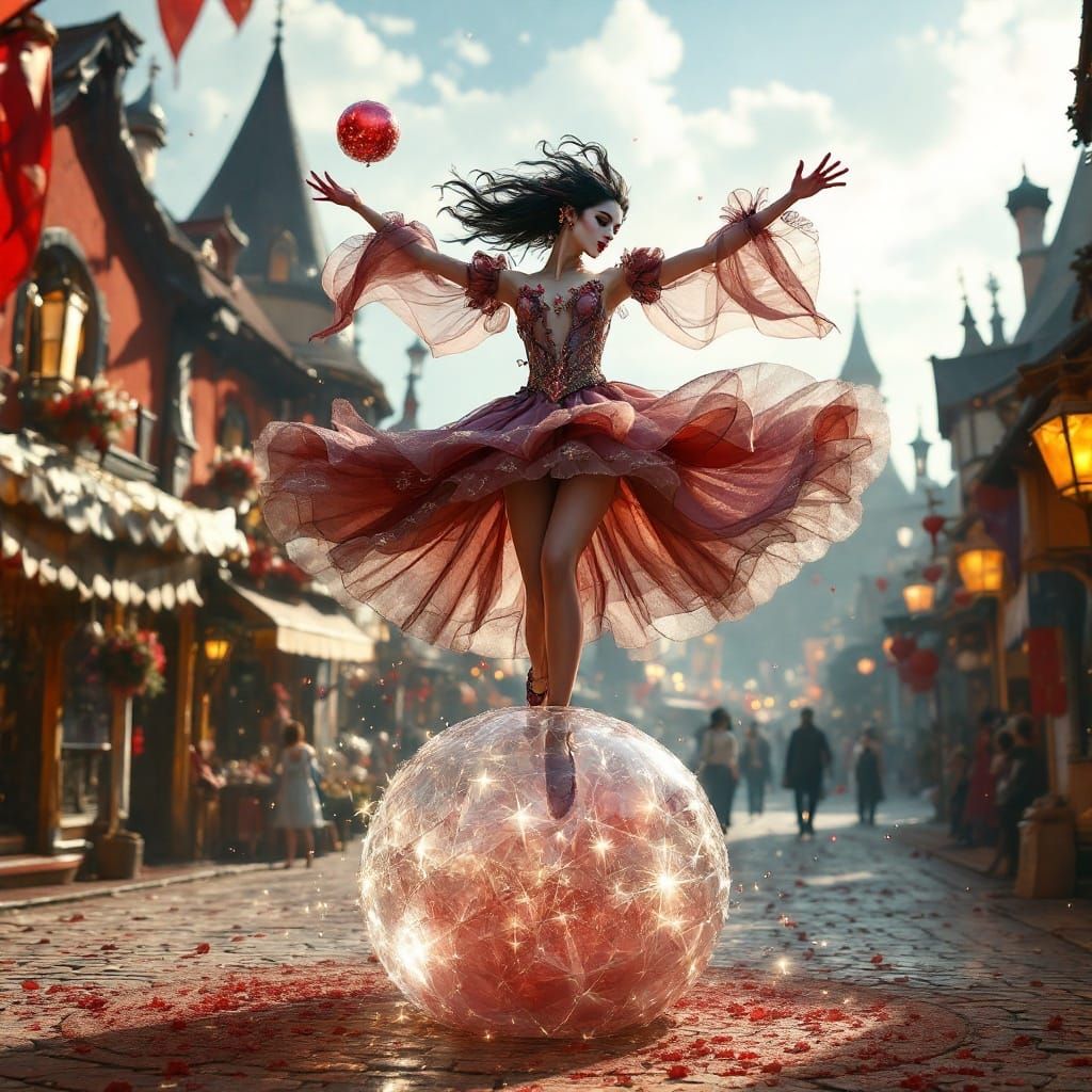 Whimsical Jester on Glass Ball in Medieval Carnival